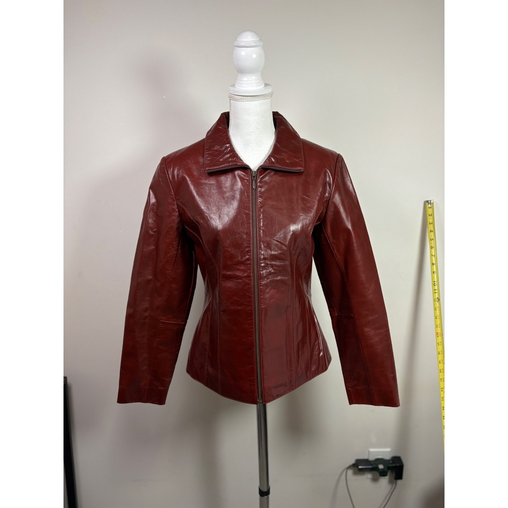 Wilsons Leather Maxima Womens M Burgundy Red Leather Full Zip Moto Jacket 90s